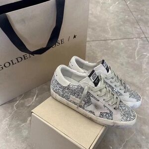 Golden Goose Silver Glitter & White Star Low-Top Sneakers